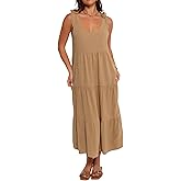 R.Vivimos Women's Summer Casual Beach Midi Dress Cotton Linen Sleeveless Adjustable Straps Tiered Flowy Dresses with Pockets