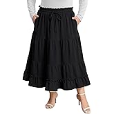 Plus Size Maxi Skirt for Women Fall High Waisted A-Line Flowy Tiered Casual Long Skirts with Pockets