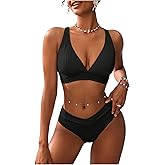 Floerns Women's 2 Piece Bikini Sets High Waisted Swimsuit Textured V Neck Bathing Suit