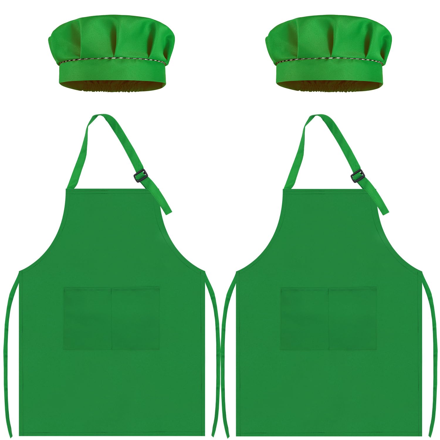 TOPWAYS Kids Apron and Chef Hat Set, kids Aprons for Cooking 2 Pack, Adjustable Toddle Kitchen Chef Apron, Kids Artist Painting Apron Bib with Two Pockets for Kids 3 4 5 6 years (2 x green, M)
