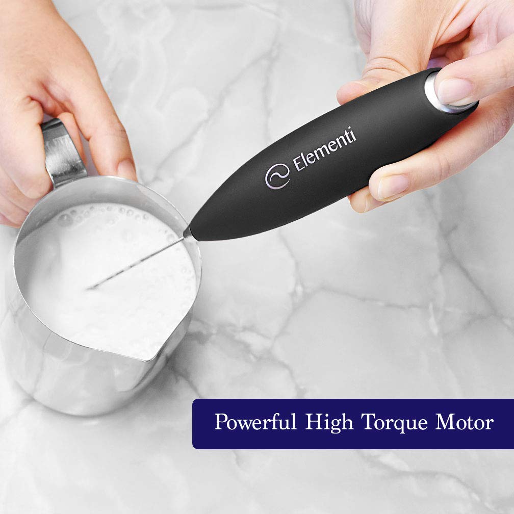 Milk Frother with Stand (Black) - Make Cappuccinos, Lattes and Bulletproof Coffee - Handheld with More Powerful High Torque Motor