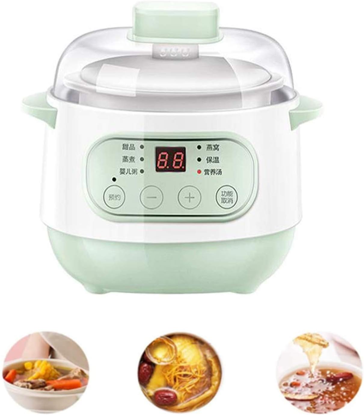 Ceramic Pot Smart Electric Slow Stew Pot, Slow Cooker Liner with Hinged Lid Oval Slow Cookers with Timers Anti-Stick and Easy Clean forSuitable for 1-2 people (Green)