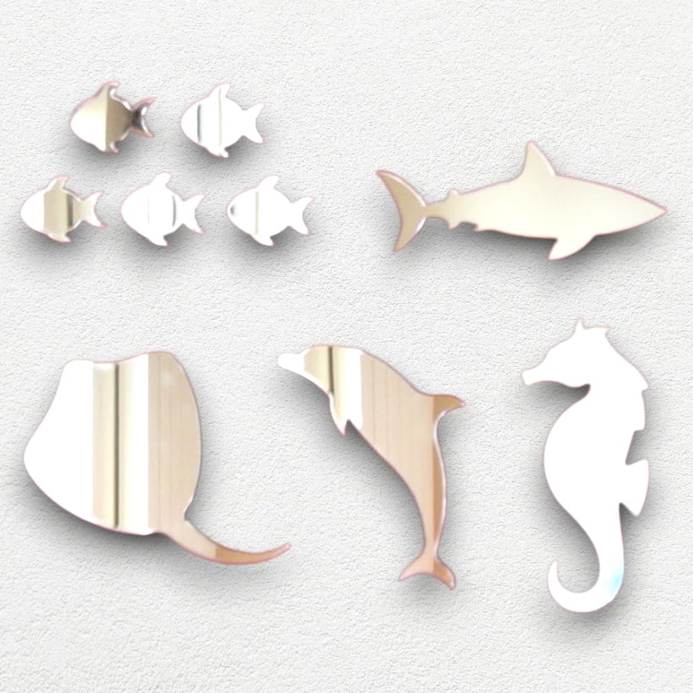 Super Cool Creations Sea Life Acrylic Silver Mirrors - 12cm each, Fish, Seahorse, Shark, Stingray & Dolphin, with sticky fixings