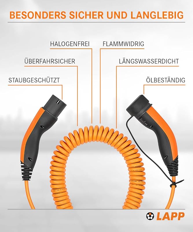 Mobility Typ 2 Ladekabel 11 KW/Spiralkabel / 20 A / 3-Phasig/E-Auto Ladekabel/Mode 3 / 5m