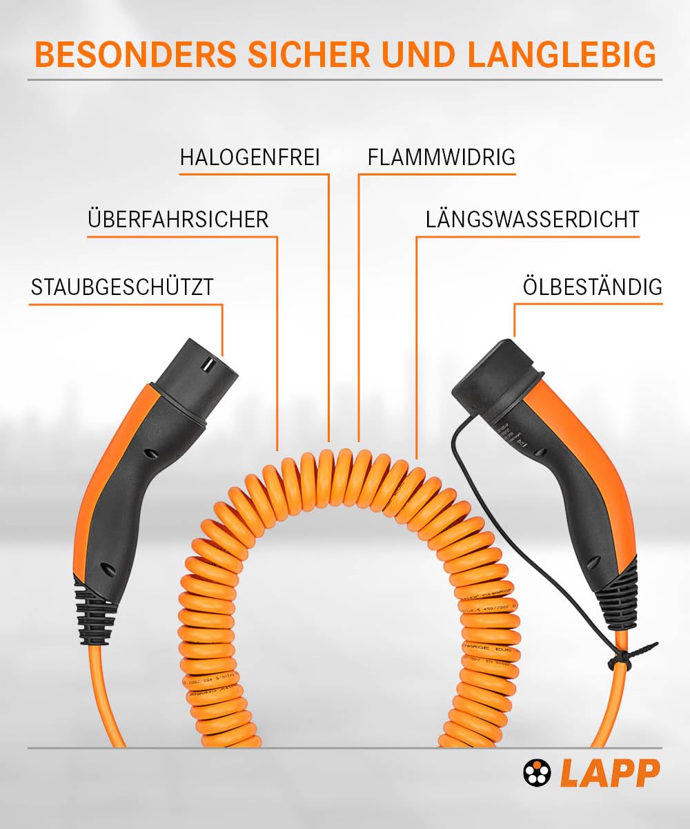 Lapp Mobility Typ 2 Ladekabel 11 KW/Spiralkabel / 20 A / 3-Phasig/E-Auto Ladekabel/Mode 3 / 5m 3