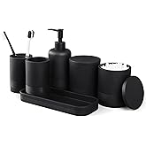 LIN CHUAN 6-Piece Bathroom Accessories Set, Organizer Set with Soap Dispenser, Toothbrush Holder Set, Vanity Tray, Tumbler & 2 Cotton Swab Jars – Modern Stylish Bathroom Storage(Matte Black)