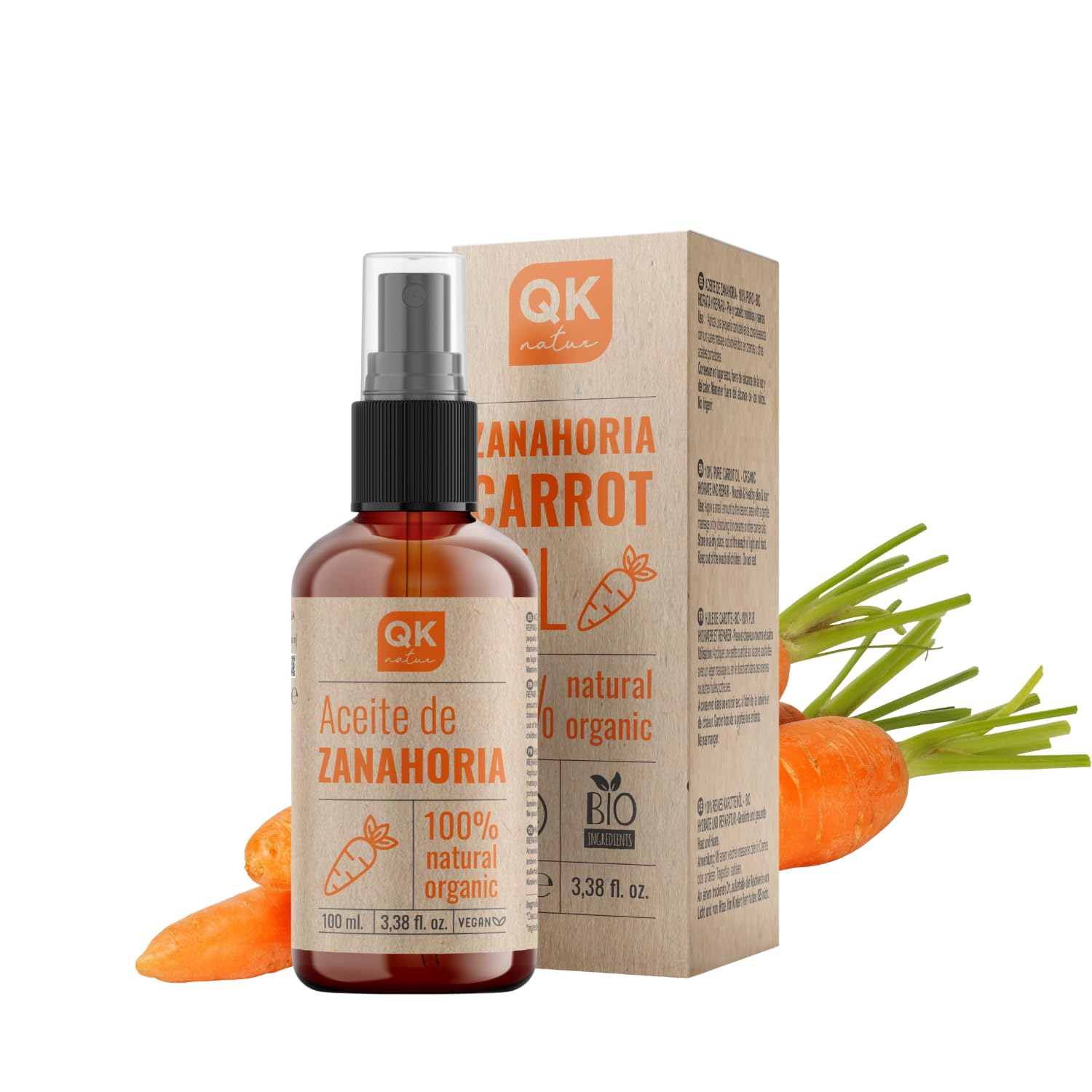 Qknatur - CARROT OIL 100 ml - 100% Pure and Natural - Natural sun tanner - Moisturizes and Rejuvenates the skin - Repairs, hydrates and nourishes the hair - Glass Bottle.