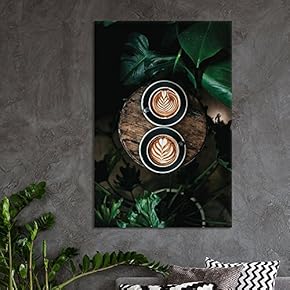 Canvas Wall Art - Two Cups of Coffee and Tropical Leaves - Giclee Print Gallery Wrap Modern Home Art Ready to Hang - 12x18 inches