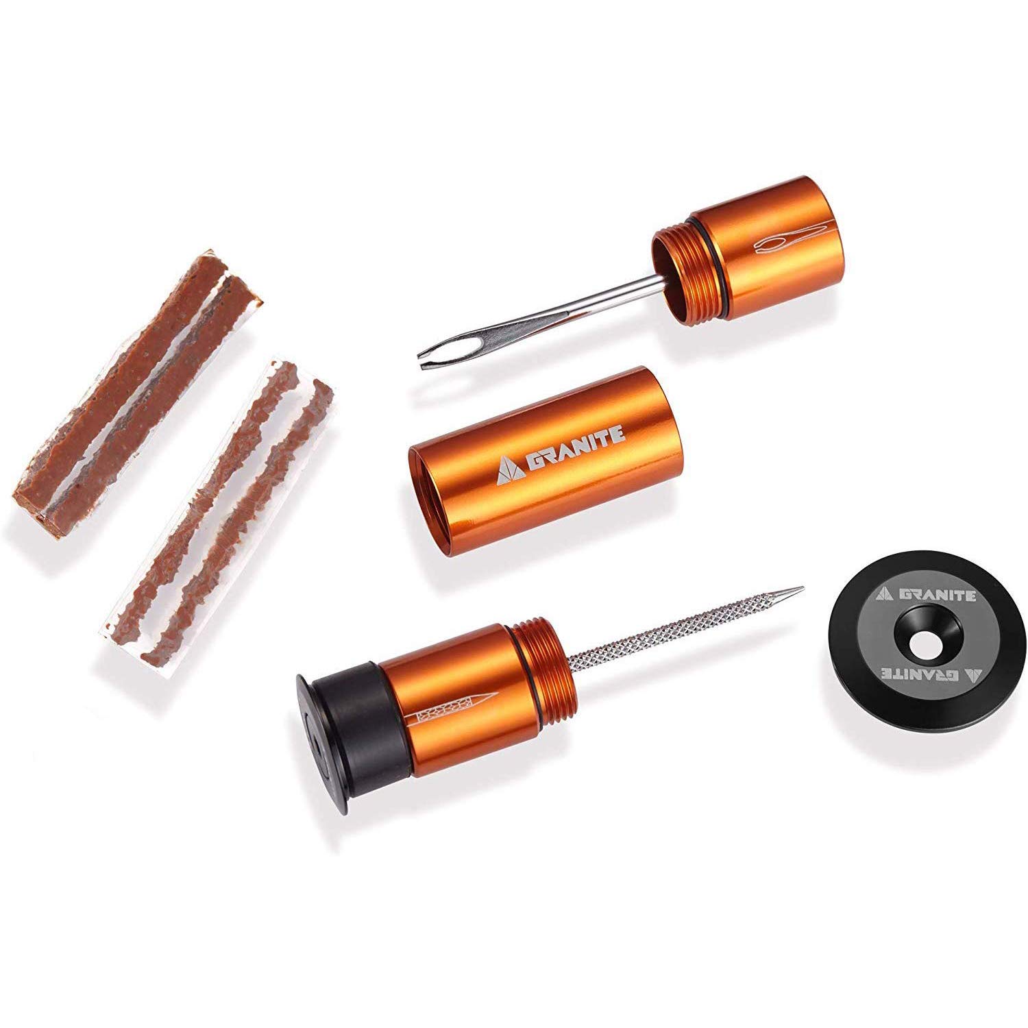 Granite Stash Tubeless Flat Tyre Repair Kit Bike Tool Kit - Easy Handlebar Storage - Complete Bike Tyre Plug Kit - 2 Different Size Tyre Plugs - Portable - Easy and Effortless Usage (Orange)