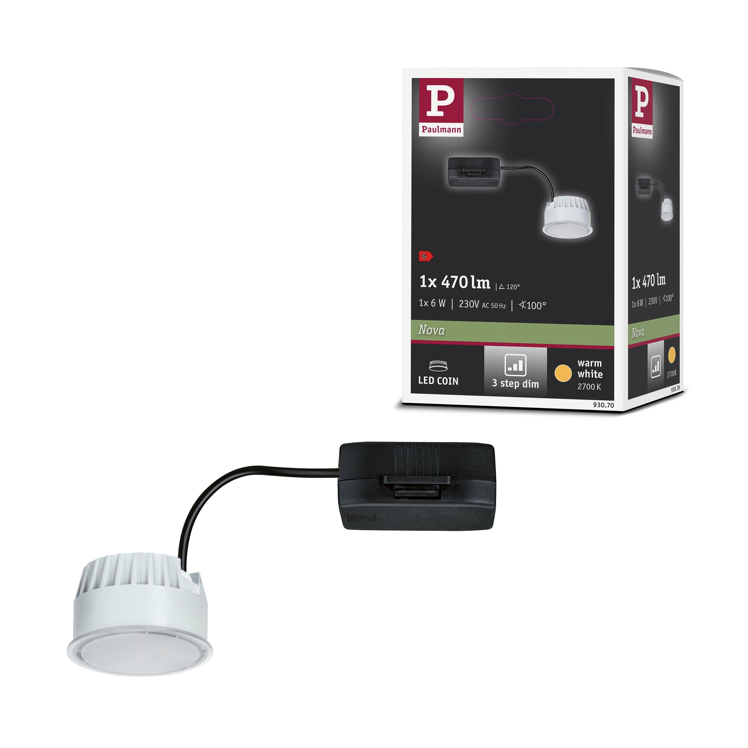 Paulmann 93070 Nova LED Recessed Light Module 3-Step Dim Warm White 470 lm 51 mm Round 1 x 6 Watt Dimmable Satin Plastic 2700 K Coin 6 W