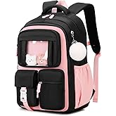 Kids Backpack for Girls School Bags for Middle School Students Book Bag for Elementary Primary Kawaii Ita Backpack, Black and Pink