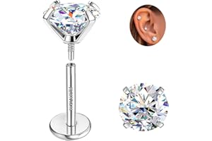 GEMQUEEN Moissanite Earrings G23 Titanium Extended Internal Thread Flat Back Earrings Hypoallergenic Tragus Cartilage Helix Conch Piercing Jewelry for Women Men 18G 6/8mm Post Gray/D Color VVS1 1-3CT