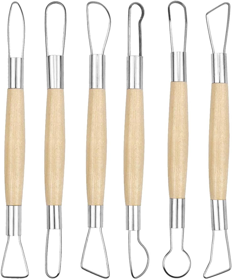 6 Pcs Ceramics Clay Sculpting Tools Pumpkin Carving Pottery Modelling Cutter Stainless Steel Double Ends Wooden Handle for Pottery Ceramics Sculpture Carving DIY Crafts Modelling Tool Set