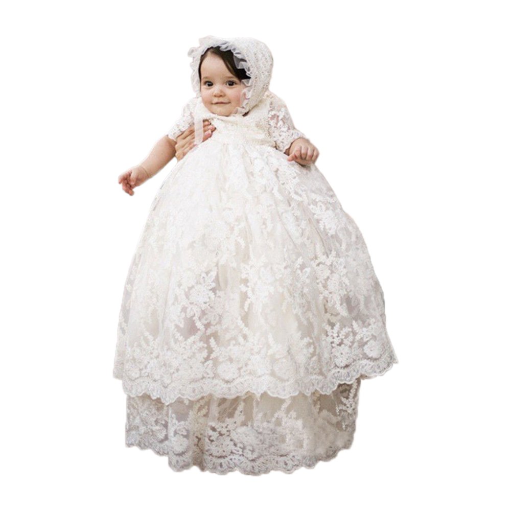 Photo 1 of Long Ivory Christening Gown for Baby Girls Lace Baptism Dress with Bonnet 3M