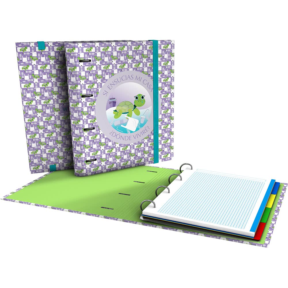 Grafoplás 88102628 4 Ring Binder with Refill Sheets, A4, 5 x 5 Squares, Dividers, Transparent Envelope, Curved Spine, Carpebook, Wise Planet Collection, Turtle