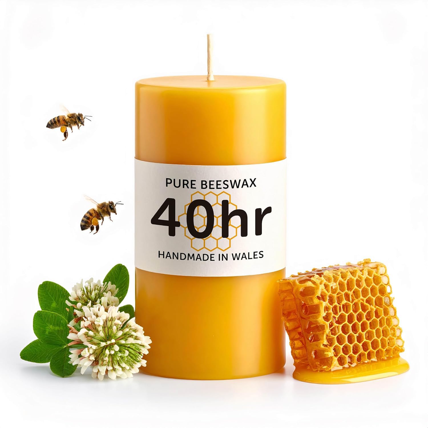 40hr Pure Beeswax Pillar Candle - Handmade in Wales - Natural Beeswax Candles for Home Decor - Perfect for Relaxation and Ambiance