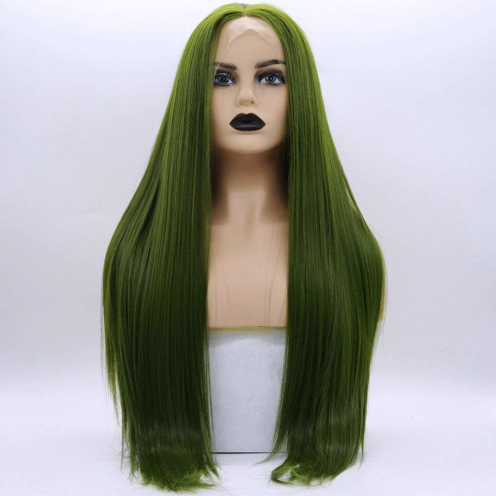 13x3" Pre Plucked Long Straight Colorful Wigs for Women Natural Looking Heat Resistant Fiber Synthetic Lace Front Wigs for Replacement/Party/Cosplay/Costume/Daily Use (Olive Green) - Image 3