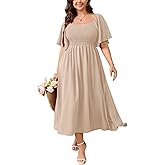 SHESTARR Women's Plus Size Dress Short Sleeve Square Neck Smocked Side Split Flowy A Line Long Maxi Dress