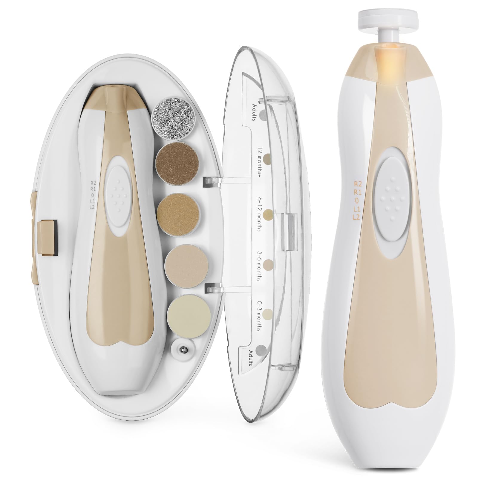haakaa Baby Nail Trimmer Electric Safe Baby Nail Clippers Baby Nail File Kit, Trim Polish Grooming kit for Newborn Toddler or Adults Toes Fingernails, 6 Grinding Heads and LED Light, Acorn