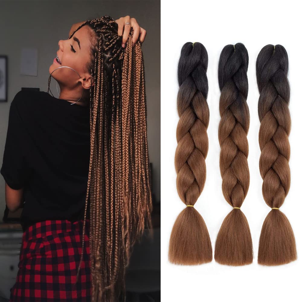 FANWYFYU Ombre Braiding Hair, 3Pack/Lot Ombre Braiding Hair Extensions High Temperature Synthetic 24inch Pre Stretched Braiding Hair (Black-Dark Brown) — image 1