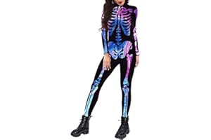 Timemory Halloween Women Digital Skeleton Tight One-piece Swimsuit with Zip-Back