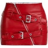 WDIRARA Women's Zip Front Buckle PU Leather Bodycon Mini Skirt Rave Club Y2k Skirt