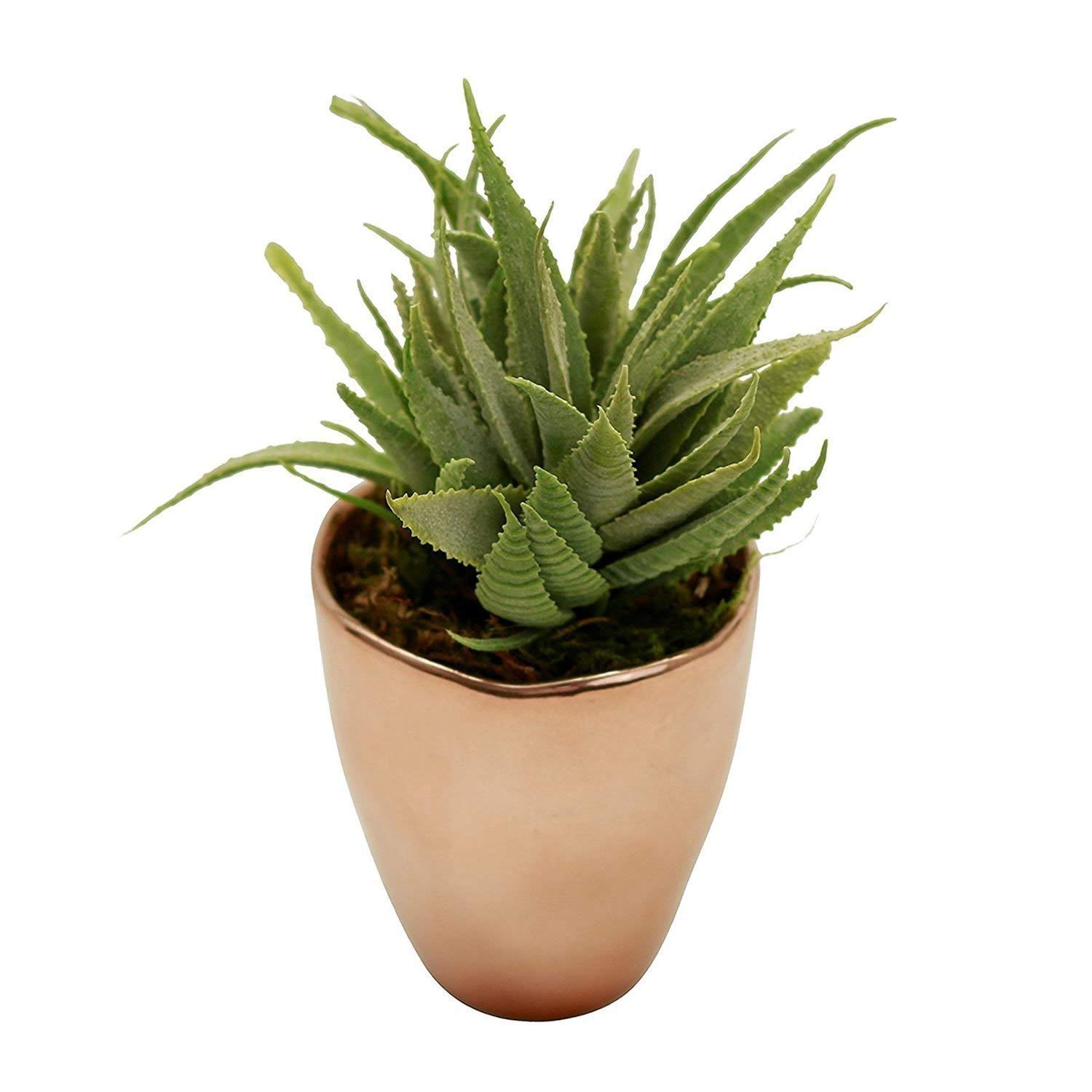 Small Faux Aloe Succulent in Rose Gold Ceramic Planter 4 x 6 Inches