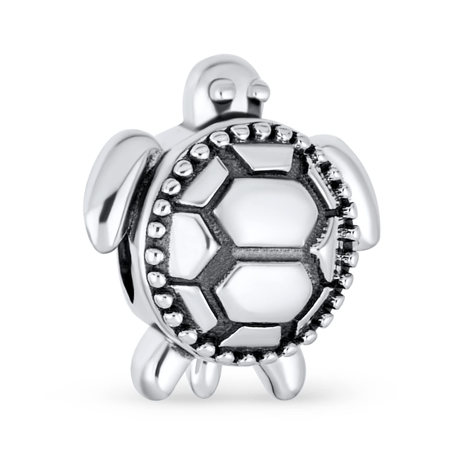 Round Nautical Sea Tropical Beach Vacation Reptile Tortoise Turtle Bead Charm For Women Teen Oxidized .925 Sterling Silver Fits European Bracelet