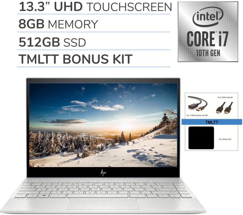 HP Envy 2020 13.3" 4K Ultra HD Touch Screen Laptop Notebook Computer, 4-Core Intel Core i7-1065G7 1.3 GHz, 8GB RAM, 512GB SSD, No DVD, Webcam, Bluetooth, Wi-Fi, HDMI, Windows 10, TMLTT Kit