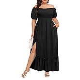 Plus Size Summer Dresses Sun - Maxi Boho Casual Off Shoulder Floral Lace Long Dress with Pockets