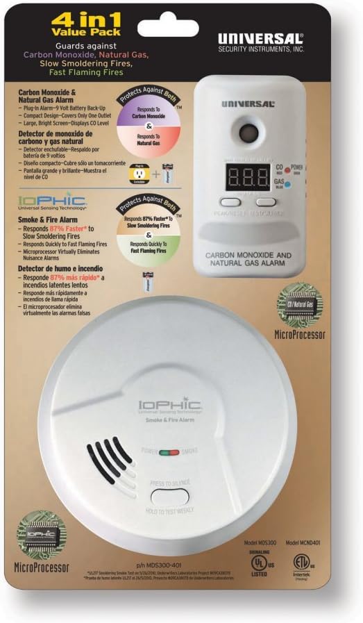 Universal Security Instruments MDS300-401 4-in-1 Universal Smoke Sensing (IoPhic) Smoke and Fire Alarm with CO and Natural Gas Alarm