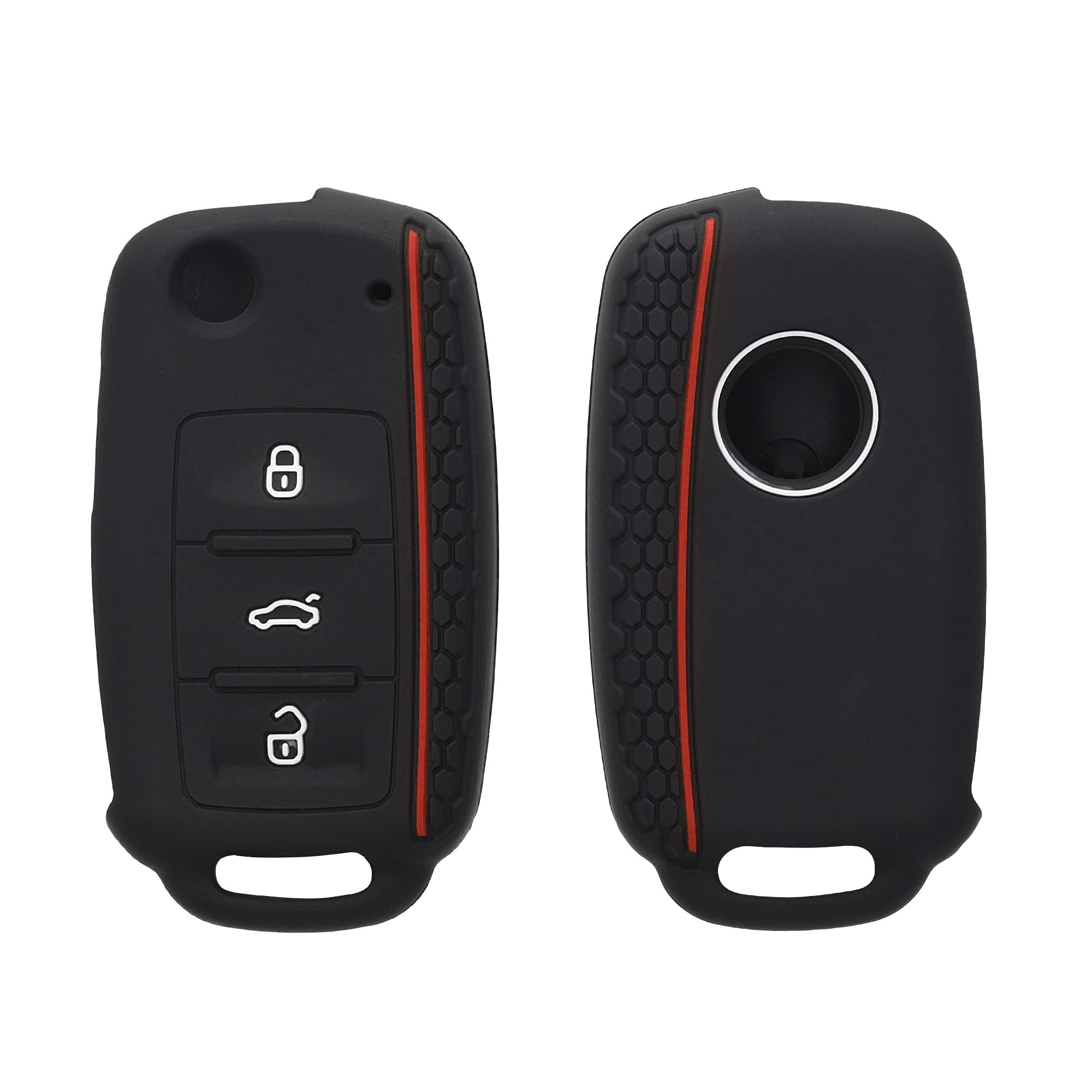kwmobile Car Key Cover - Compatible with VW, Skoda, SEAT 3 Button - Silicone Protective Fob Case - Black/Red