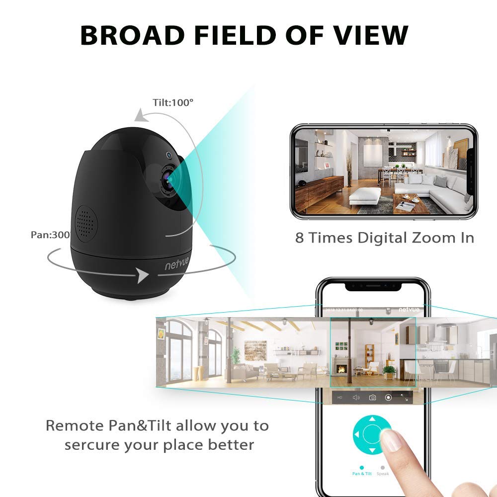 Netvue Camera Surveillance WiFi sans Fil PTZ 1080P Compatible avec Alexa Echo Show Caméra dôme IP avec Vision Nocturne Infrarouge pour bébé/Fumée/Pet/Nanny Monitor, Noir