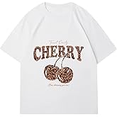 SHENHE Women's Cherry Shirt Leopard Print Graphic Tee Crew Neck Short Sleeve Loose T Shirt