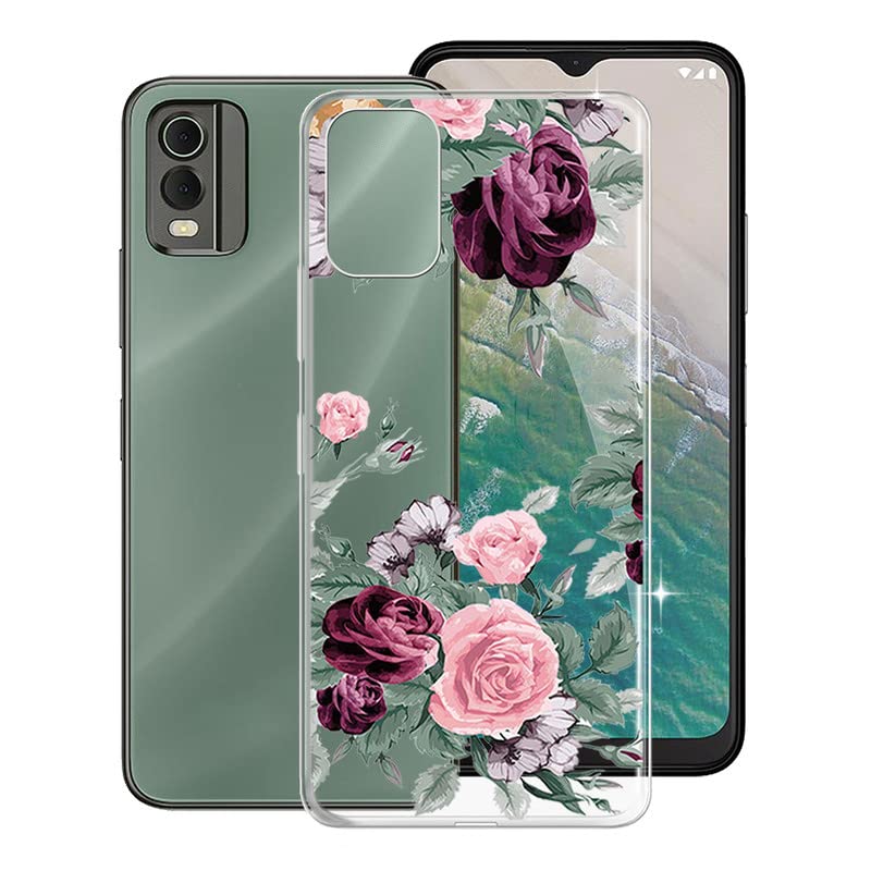 KJYF Phone Case for Nokia C32 (6.5 Inch), Shockproof Shell Bumper Soft Cover Cute Pattern Design Case for Nokia C32 [Ultra-Slim Stylish X Anti-Yellowing] - Rose Flower
