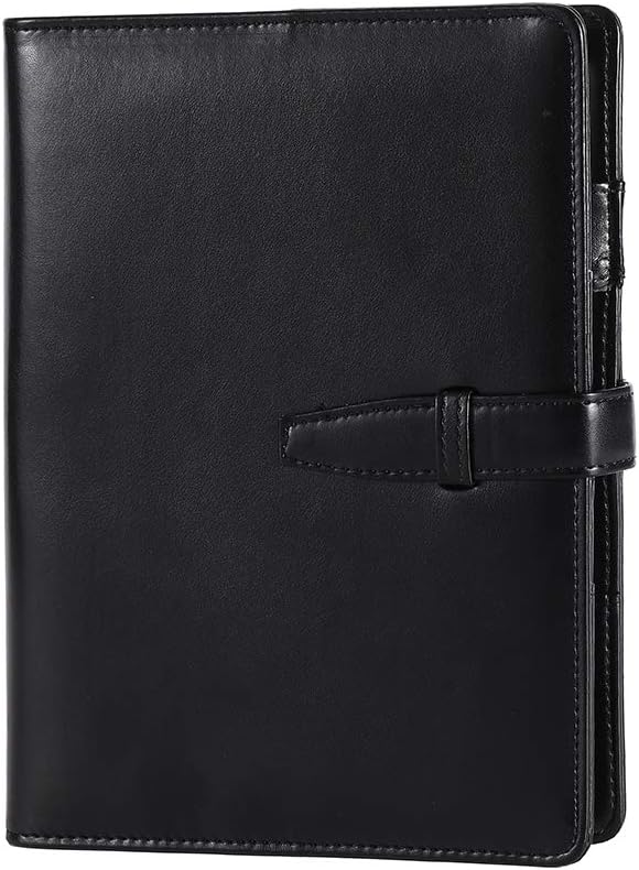 Grope A5 Refillable Planner Binder Inserts 6 Ring Black Journal to Write in for Men PU Soft Cover Business Notebook Lined with Pen Holder 80 Sheets 160 Pages (Dark Black)