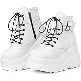 mikarka Holographic Platform Boots for Women, Lace Up Ankle Studded Buckle Goth Stacked Wedge Combat Ankle Boots