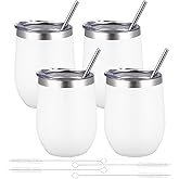 12oz/4 Pack Wine Tumbler Glasses with Lid Stemless Double Wall Vacuum Stainless Steel Travel Tumbler Keeping Cold & Hot for Wine,Coffee,Cocktails,Christmas Drinks-Family and Gifts(4 pack-White)