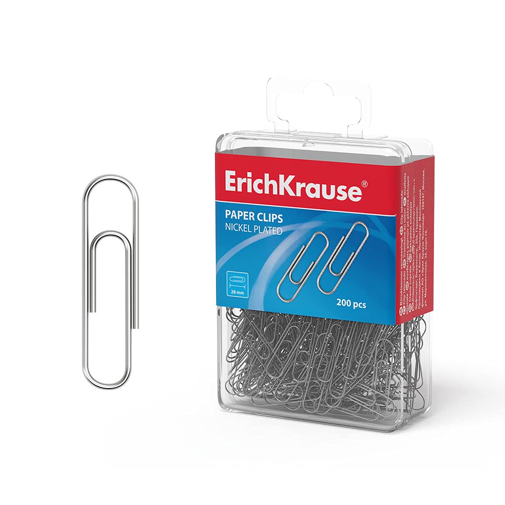 ErichKrause Box of 200 Metal Clips - 28 mm - Nickel-Plated Finish - Office Clips - Does not Stain or Scratch Paper - Corrosion Resistant, Multicoloured, MK240600