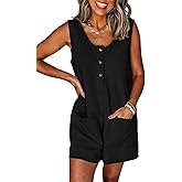 AlvaQ Rompers for Women Solid Color Casual Sleeveless Textured Button Down Short Jumpsuits with Pockets