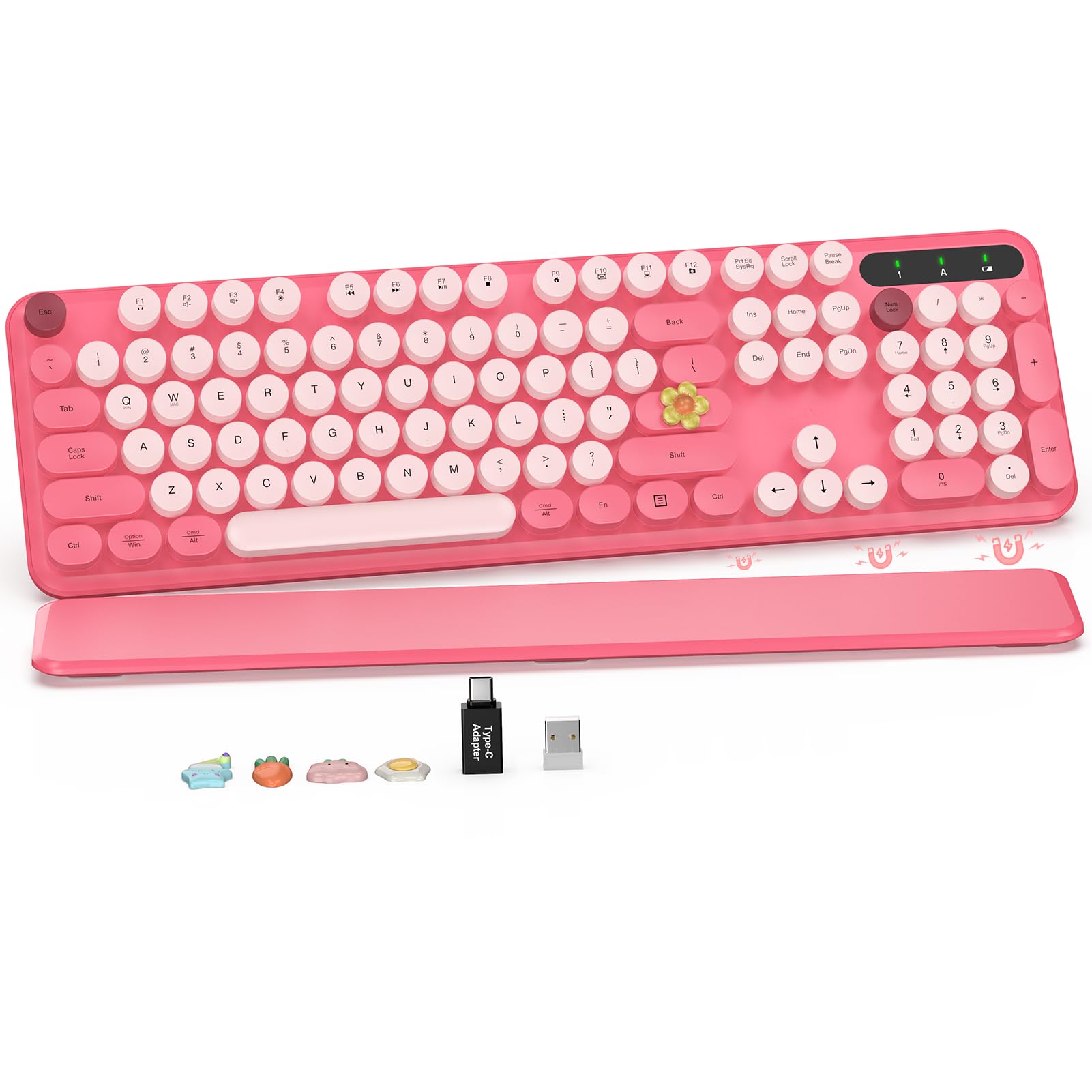 Photo 1 of Wireless Keyboard, Round Keycaps, Retro Typewriter Keyboard with Detachable Wrist Rest, Sleep Mode, Foldable Legs, 2.4GHz Full-size Cordless Computer Keyboard for Windows/PC/Laptop (Colorful-Pink)