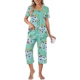 Anyally Women's Summer Capri Pajama Set Short Sleeve Shirt and Pajama Pants 2 Piece Ladies Pjs Sets