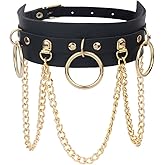 Yijunmca Punk Goth Choker Necklace Adjustable PU Leather Chain Alloy O-Ring Tassel Pendant Choker Vintage Circle Clavicle Collar Halloween Cosplay Costume Accessory for Women, Black Gold