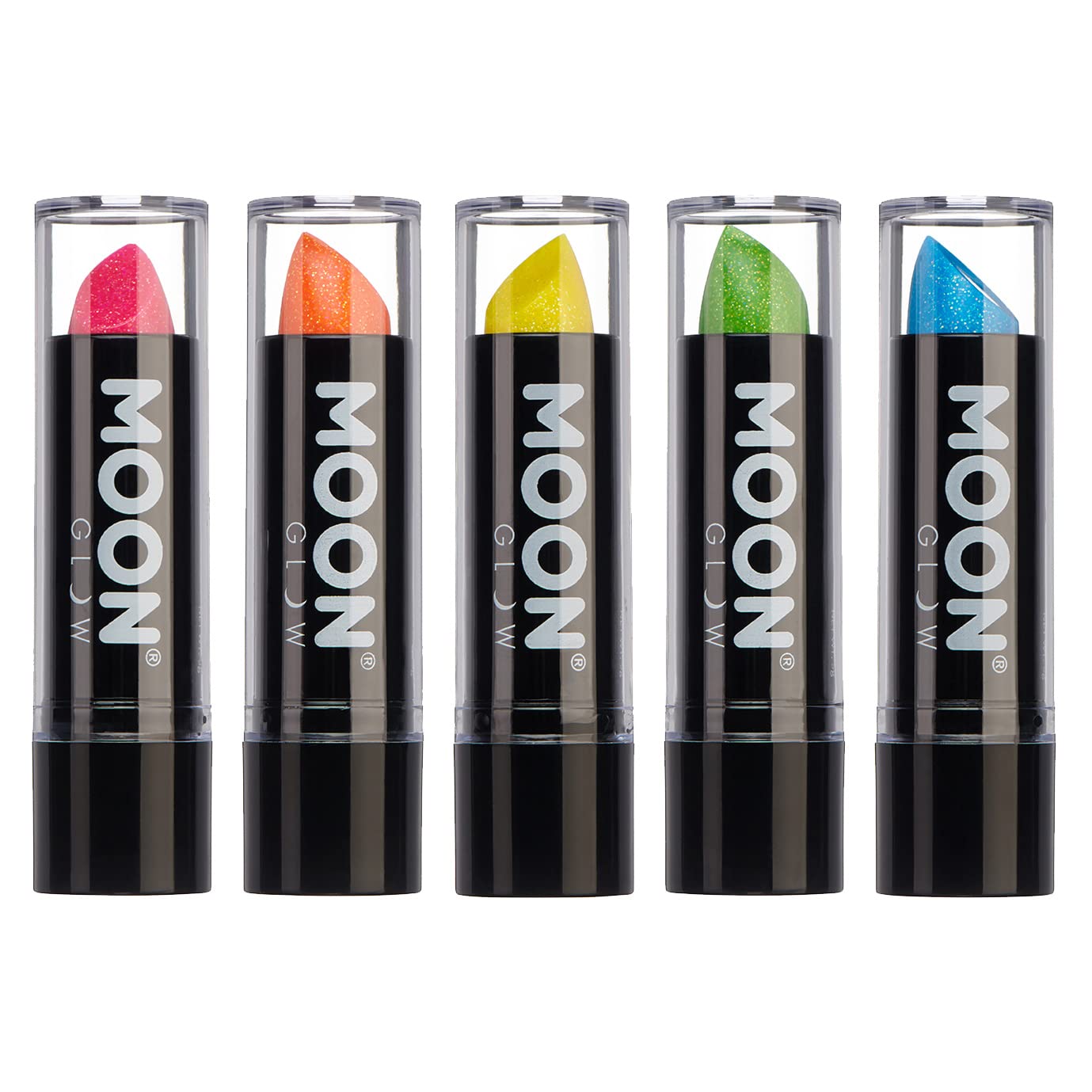 Neon UV Glitter Lipstick by Moon Glow - Bright Neon Coloured Lipstick - Glows under UV (Set of 5)