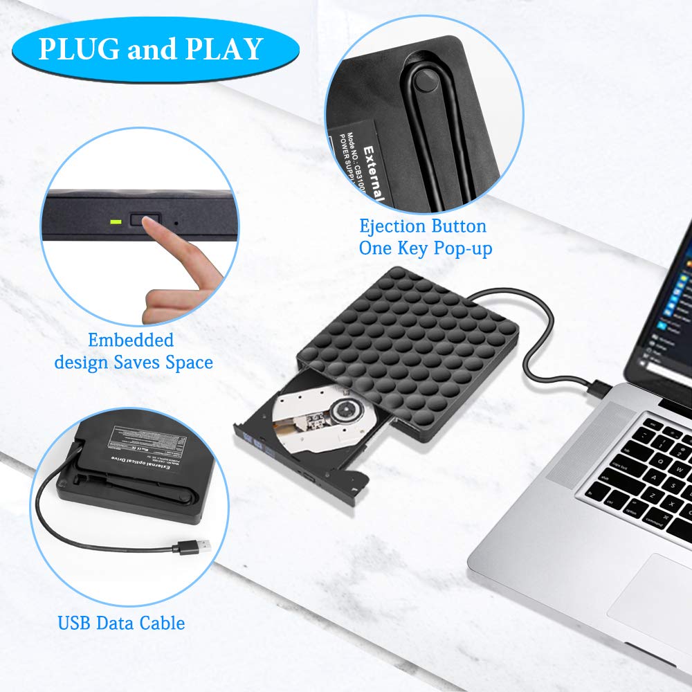 External CD Drive USB 3.0 Burner CD/DVD +/-RW Drive External DVD Drive Rewriter Burner External CD/DVD Drive for Laptop/Desktop/Windows/Linux/Mac OS