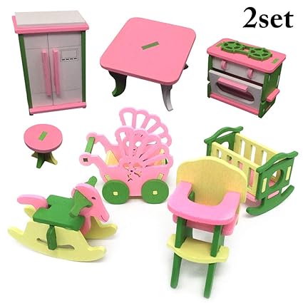 COOFIT 2 Set Furniture Toy Miniature Wooden Doll Furniture Set Dollhouse Furniture Toy