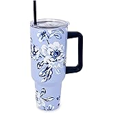 kate spade new york 40 Ounce Tumbler with Handle and Straw, Double Wall Stainless Steel Insulated Cup, Cupholder Friendly 40 oz Cup, Metal Drinking Cup for Hot or Cold Drinks (Floral Toile)