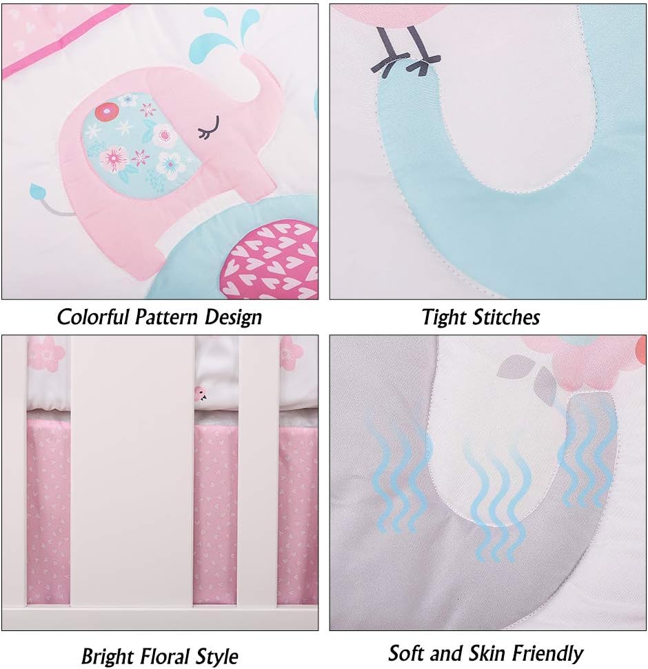 Pink Elephant Baby Crib Bedding Set 3 Pieces Baby Nursery Bedding Sets for Girls with Baby Comforter,Crib Fitted Sheet, Crib Skirt: Kitchen & Dining