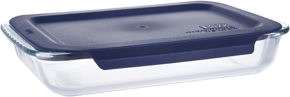 1.5 Quart Glass Bakeware Ovenware Oblong Baking Dish with Blue Plastic Lid - 12.1x7.7x2.3inches