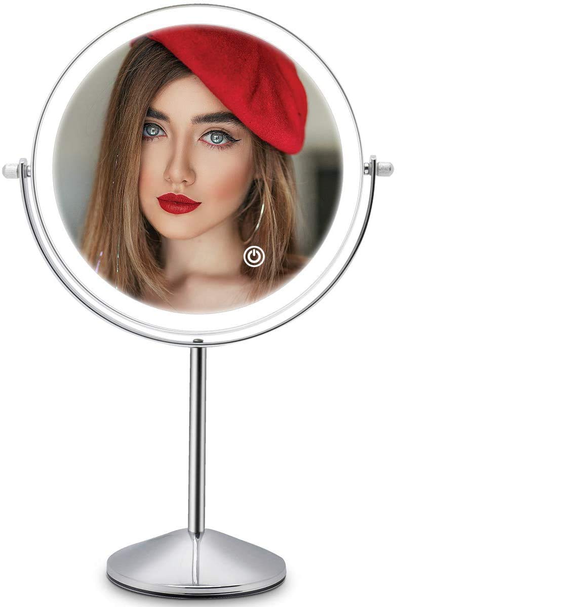 Makeup Vanity Mirror with LED Lights, 8 Inch Rechargeable Double Sided 10X Magnification, 3 Color Lighting, Dimmable Cosmetic Mirror with Touch Control 360°Rotation Light up Mirror Cord or Cordless